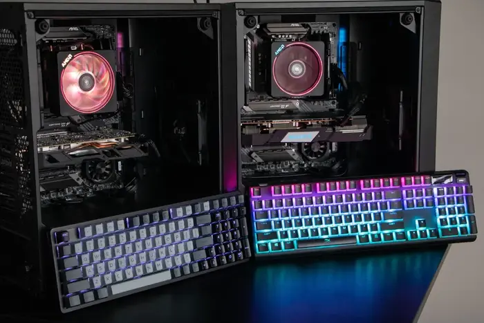 Two custom built gaming computers side-by-side.